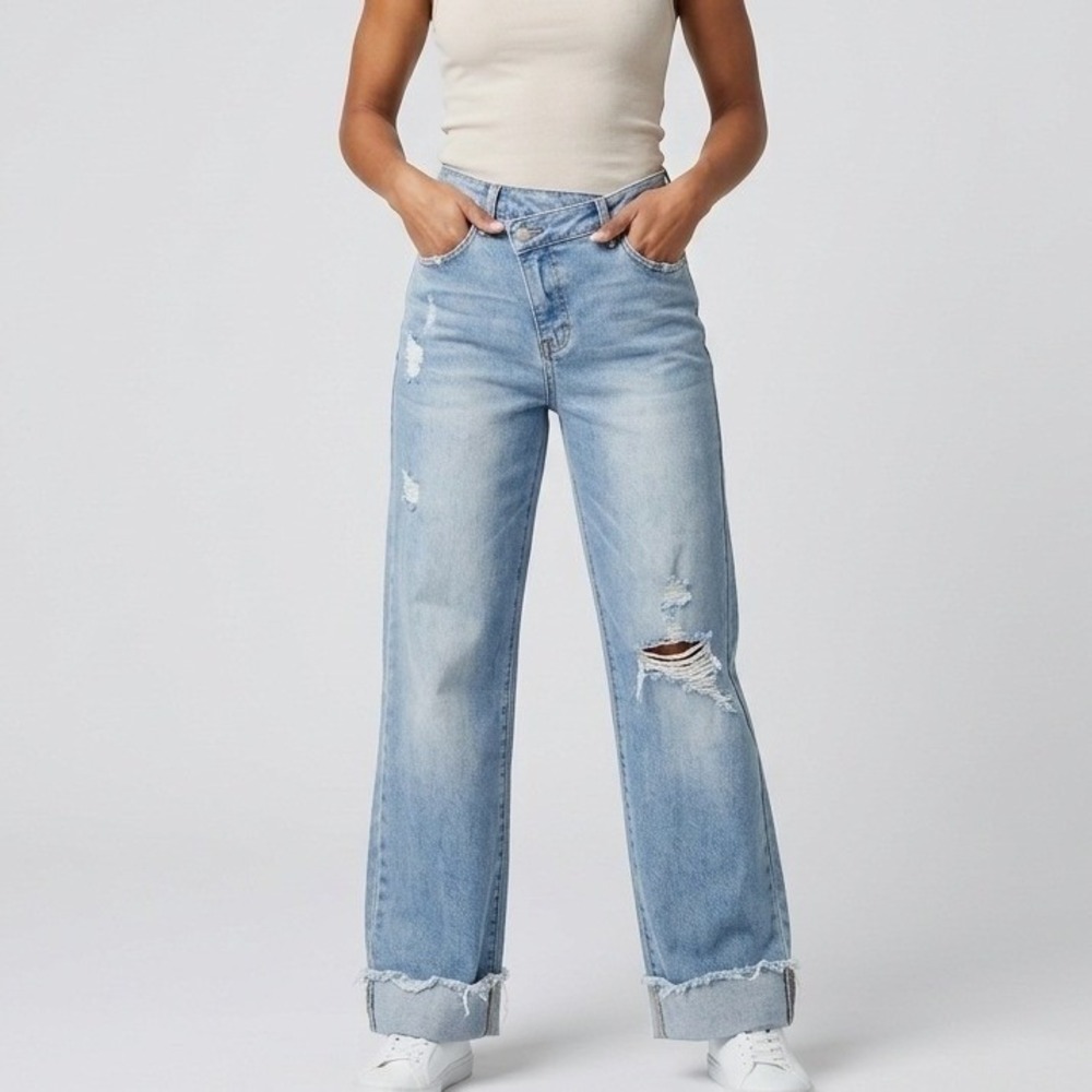 45-Jeans Crossover Waist Jeans Womens S Blue Distressed Wide Leg Raw Hem
